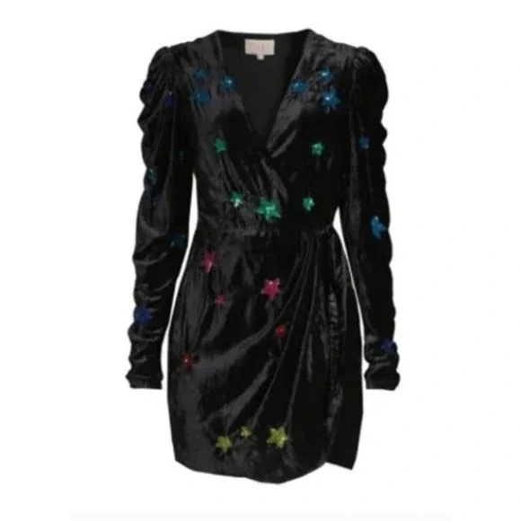 Rococo Sand Mini Dress in Black Velvet Embellished Rainbow‎ Sequin Stars Size XS - Picture 2 of 6